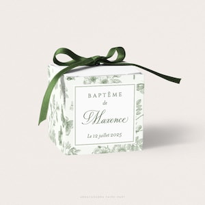 Boîte dragées baptême toile de Jouy fleurs et papillons vert, Contenant dragées baptême mixte, Cadeau invités baptême - GLADYS