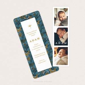 Birth announcement chintz bookmark, variegated and blue floral pattern image 2