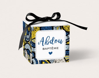 Boîte dragées baptême africain, motif wax