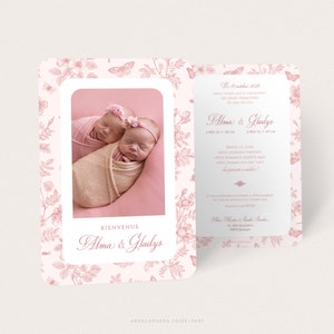 Toile de Jouy birth announcement, Toile de Jouy baptism invitation in pink, green, blue or yellow, Mixed announcement - GLADYS
