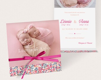 Liberty Wiltshire Sweet Pea girl announcement, fuchsia pink ribbon, for birth or baptism