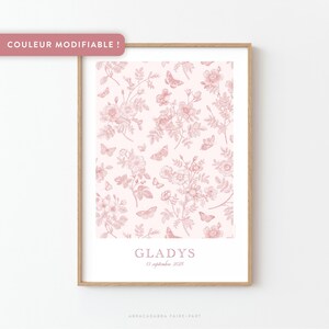 Póster Toile de Jouy con flores y mariposas, en rosa, verde, azul u ocre, ideal para la habitación de un bebé o niño - GLADYS