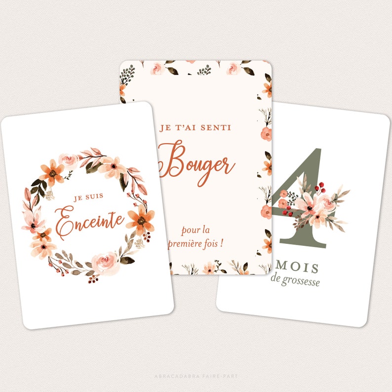 Cartes étapes grossesse fleuries, avec couronne et fleurs façon aquarelle - 20 cartes à photographier ! - EVA image 2