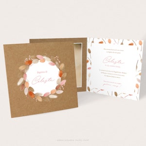 Faire-part fille fleurs séchées rose et terracotta pour naissance ou baptême