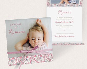 Invitation baptême fille fleurs façon Liberty rose, avec ruban vieux rose