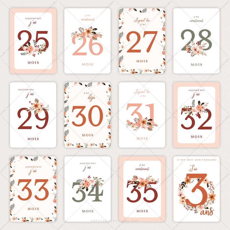 Cartes étapes bébé fleuries, avec couronne et fleurs façon aquarelle - Pour première année, deuxième année ou troisième année - EVA image 8