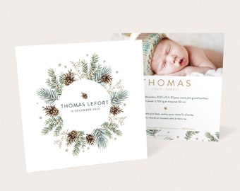 Winter birth announcement with fir branches and pine cones as a wreath