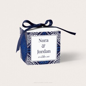 Personalized box for African wedding guest gifts with blue and white wax pattern - DALOA