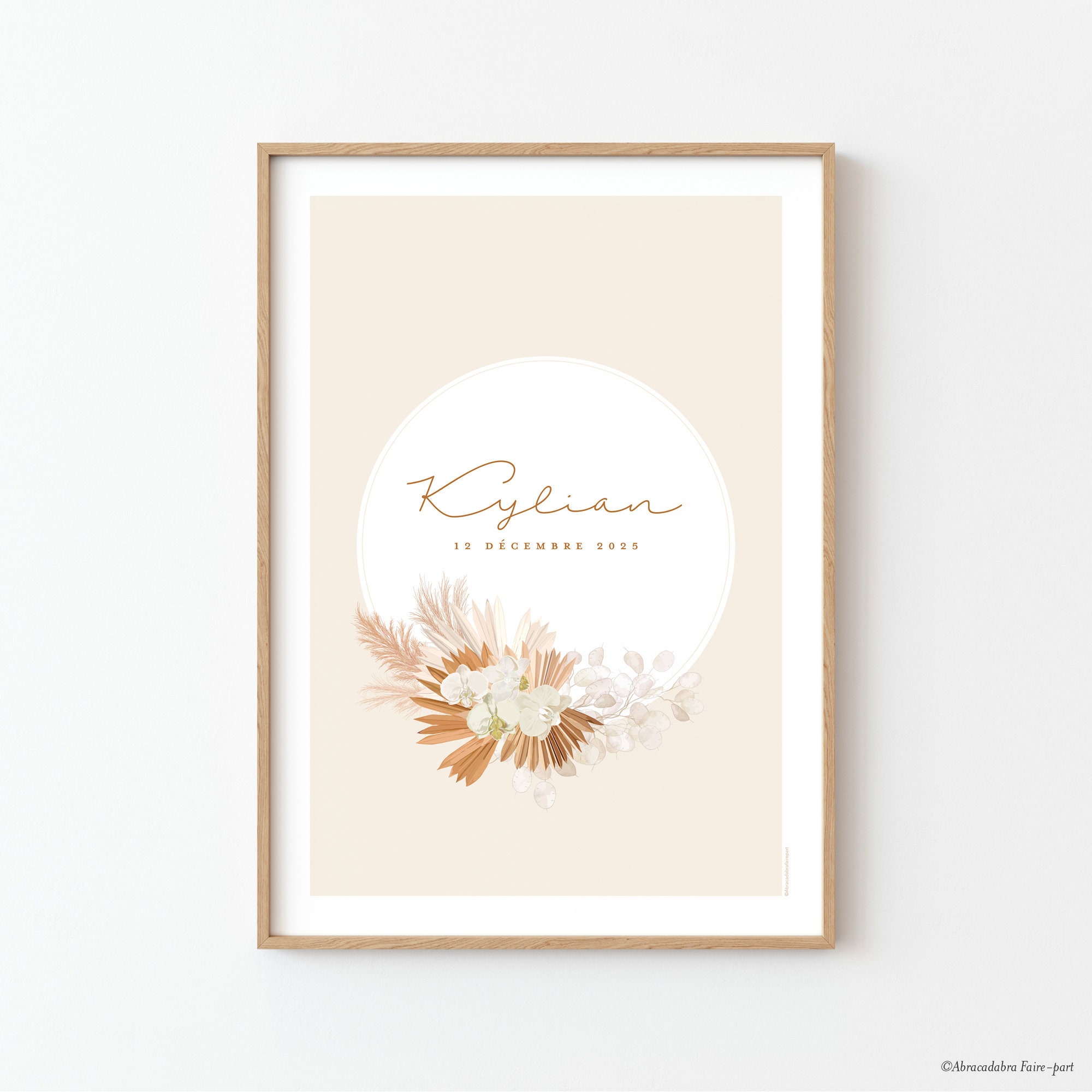 Affiche Personnalisée Pour Chambre de Bébé, avec Couronne Fleurs Séchées, Palmes, Orchidées et Herbe