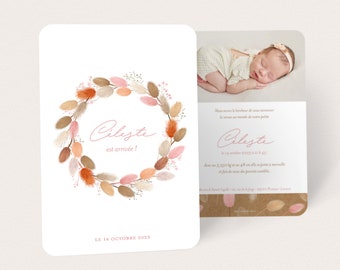 Birth announcement for girl with dried flowers in the shape of a crown