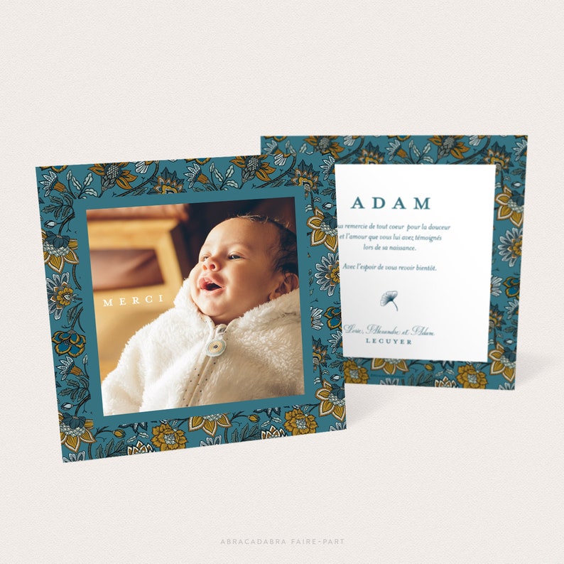 Mixed thank you card, for birth or baptism, with photo on an elegant toile de jouy floral background, duck blue and mustard image 3