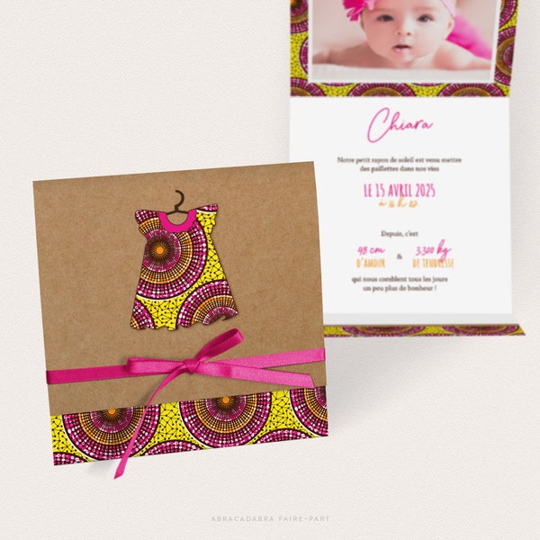 Faire-part naissance africain fille, robe wax sur fond kraft, ruban rose bonbon