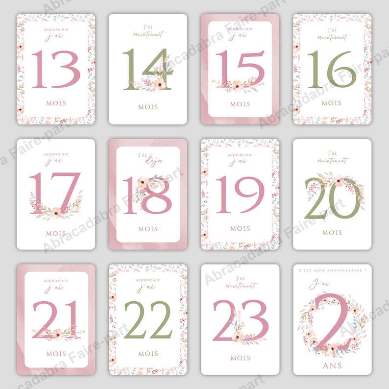 Cartes étapes bébé fleurs pastel aquarelle - Pack 1ère année, avec carte personnalisée avec prénom de bébé, pack 2e et 3e année - ROSE Deuxième année