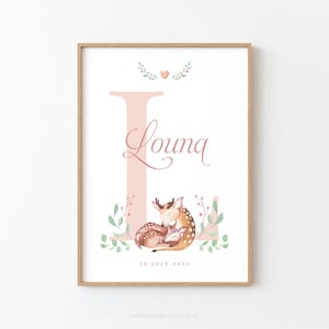 Póster infantil de cierva y cervatillo durmientes, para personalizar con la inicial y el nombre del bebé