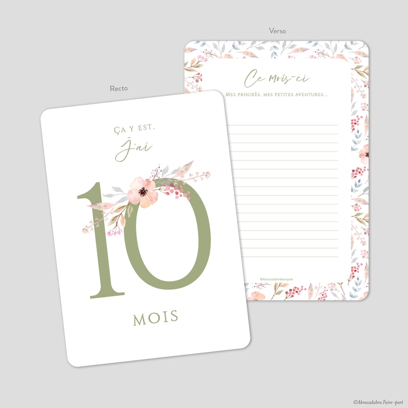 Carte étapes fille avec chiffre vert et fleurs aquarelle pastel au recto et cadre de fleurs aquarelle au verso