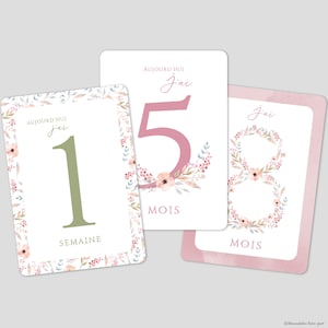 Carte étapes fille avec chiffre vert ou rose et fleurs aquarelle couleurs pastel