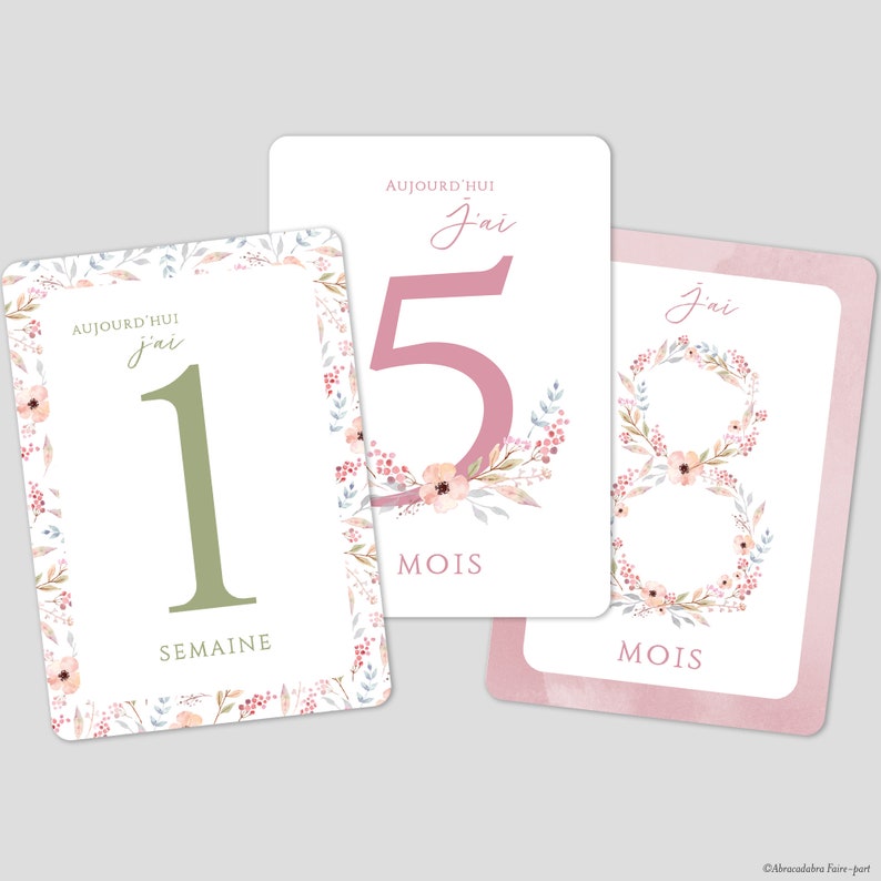 Carte étapes fille avec chiffre vert ou rose et fleurs aquarelle couleurs pastel