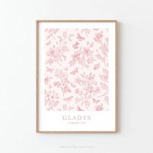 Affiche toile de Jouy fleurs et papillons, couleur rose vert bleu ou ocre, idéal pour chambre de bébé ou d'enfant - GLADYS