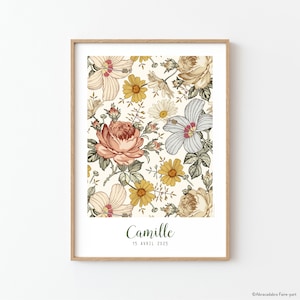 Póster vintage para habitación infantil con nombre y flores, póster vintage con estampado floral bohemio para niña, regalo para niña - CAMILLE