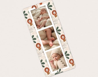 Birth announcement for boy, lions and palm trees, photo booth style photos, bookmark format