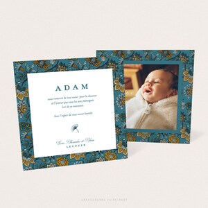 Mixed thank you card, for birth or baptism, with photo on an elegant toile de jouy floral background, duck blue and mustard image 4