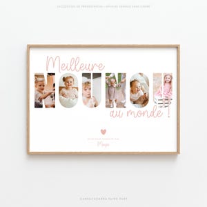 Peut inclure: Une affiche encadrée avec l'inscription "Meilleure Maman au monde!" en rose. Les lettres de "Maman" sont remplies de photos d'un enfant. Un cœur rose et le nom "Meiya" sont en dessous.