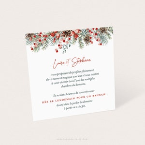 Carte pour faire-part de mariage hiver, avec branches de sapin, pommes de pin et houx