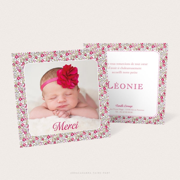 Carte de remerciement naissance ou baptême, avec photo, fond en Liberty Éloïse Rose