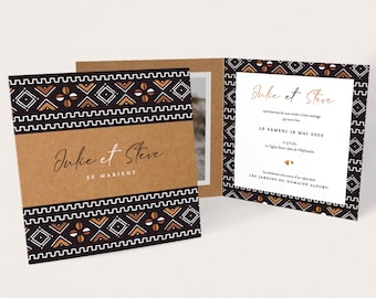 African wedding invitation, Bogolan pattern on kraft background, with photo