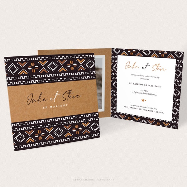 Faire-part de mariage africain, motif Bogolan sur fond kraft, avec photo