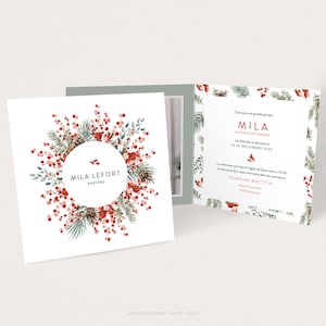 Faire-part hiver fille pommes de pin, houx et branches de sapin, naissance ou baptême - MILA