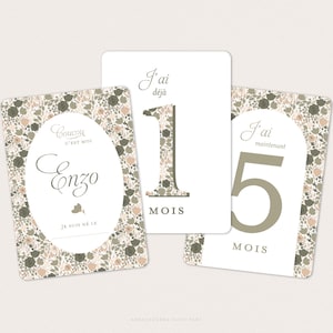 Tarjetas de hitos para niños con estampado floral estilo Liberty en verde y beige, idea de regalo para bebé niño - ENZO