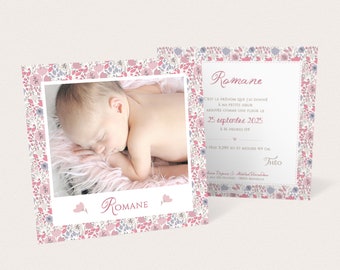 Faire-part naissance fille fleurs Liberty rose poudré et vieux rose