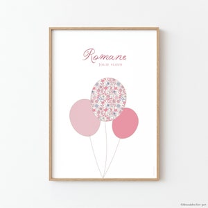 Affiche personnalisée chambre de fille, Affiche enfant trois ballons, Affiche fleurie rose, Affiche naissance fille Liberty rose - ROMANE