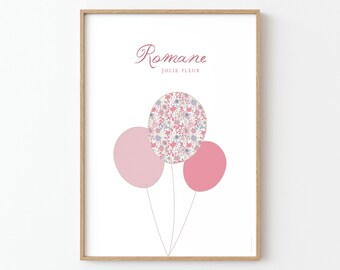 Affiche personnalisée chambre de fille, Affiche enfant trois ballons, Affiche fleurie rose, Affiche naissance fille Liberty rose - ROMANE