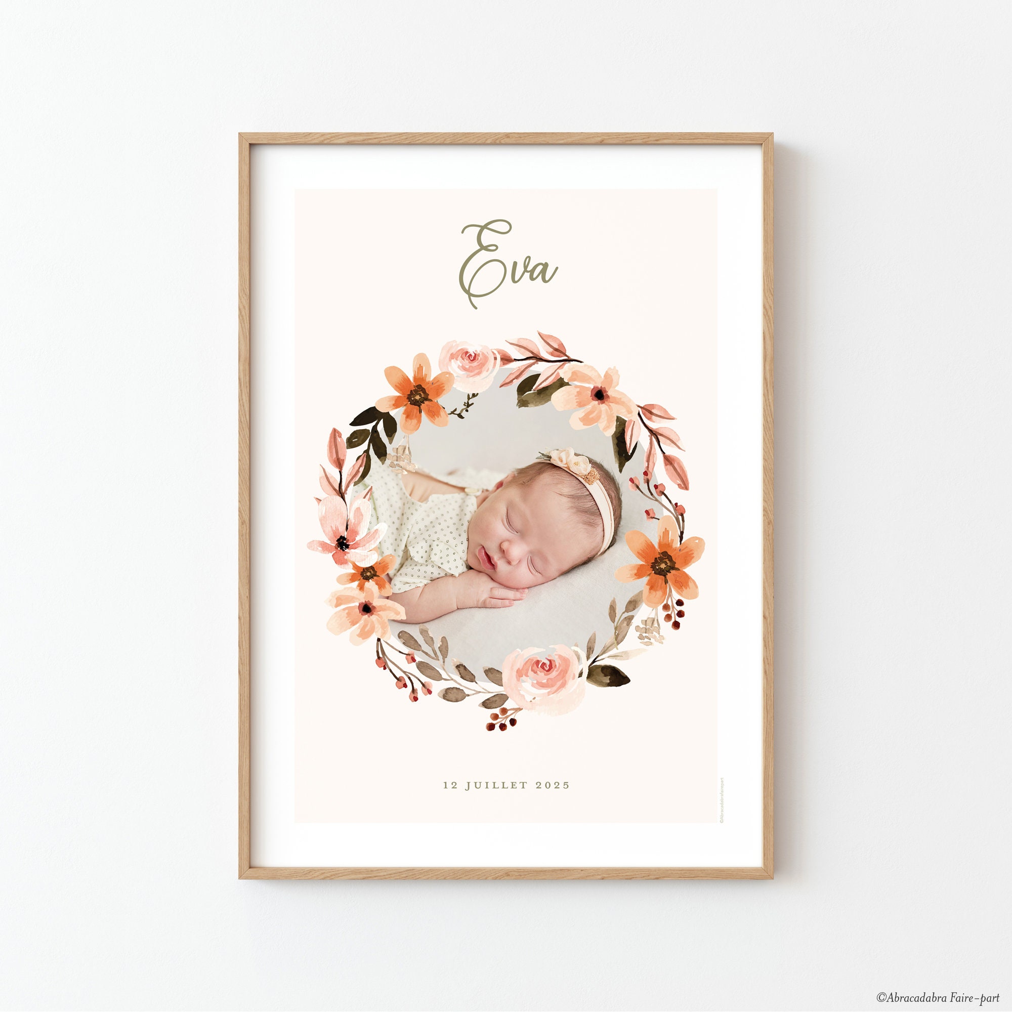 Affiche Naissance Personnalisée, Pour Fille, avec Photo Encadrée d'une Couronne de Fleurs Façon Aqua
