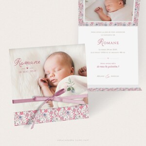Anúncio de nascimento para menina com flores Liberty rosa, Anúncio de batismo para menina com padrão floral rosa antigo - ROMANE