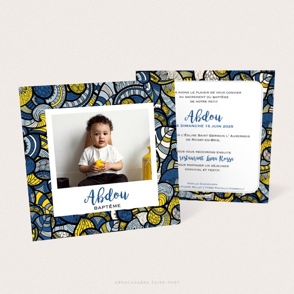 Invitation baptême africain garçon motif façon wax jaune et bleu