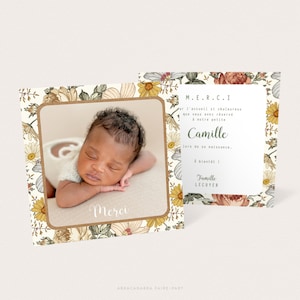Cartão de agradecimento de nascimento ou batismo flores boho vintage para menina - CAMILLE