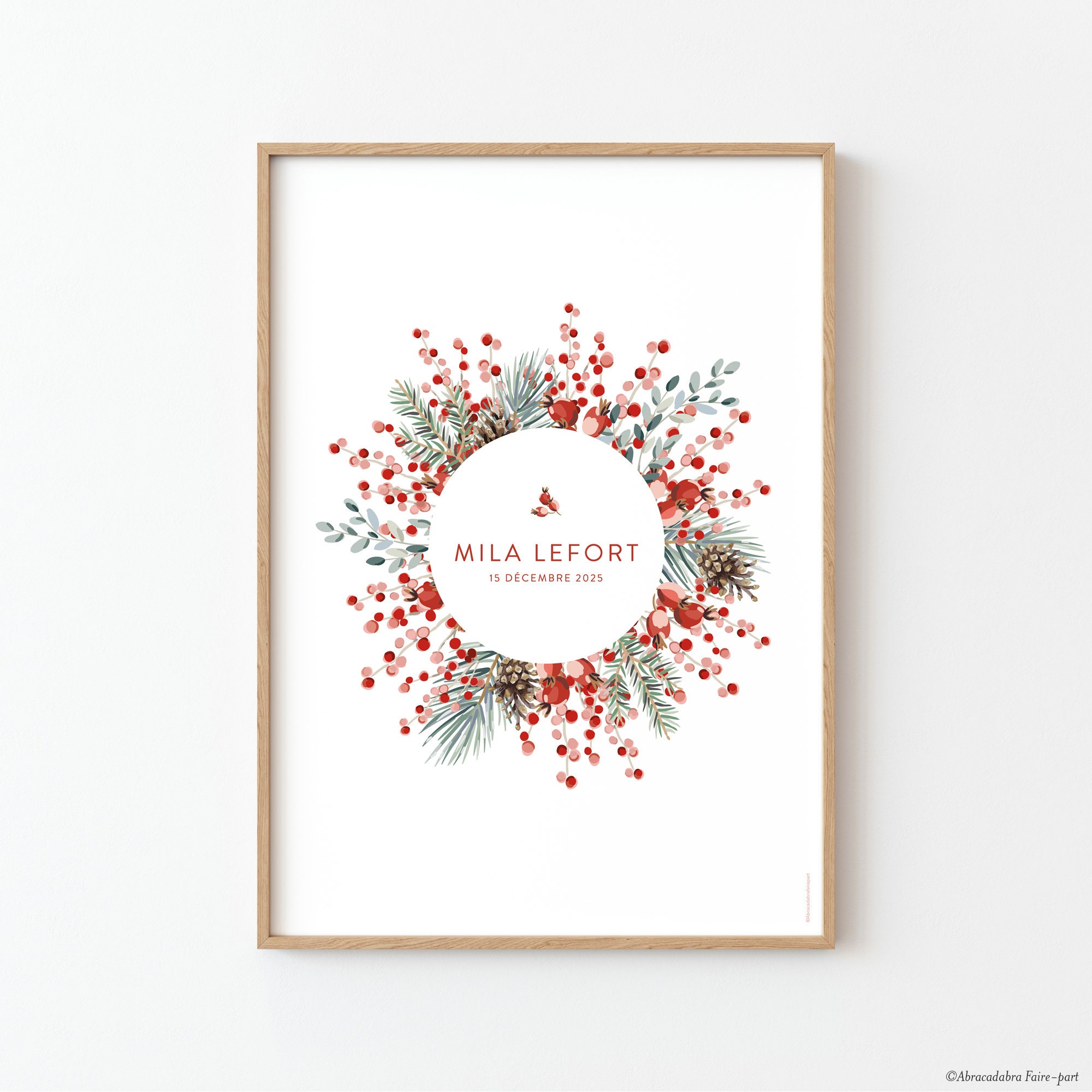 Affiche Personnalisée Pour Chambre de Bébé ou d'enfant, avec Couronne Noël, Branches Sapin, Pommes P