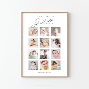Photo poster collage style baby's first year with 12 photos, one year birthday gift
