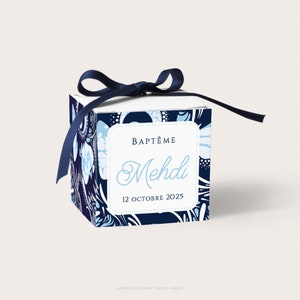 Boîte à dragées baptême garçon, thème africain, wax bleu