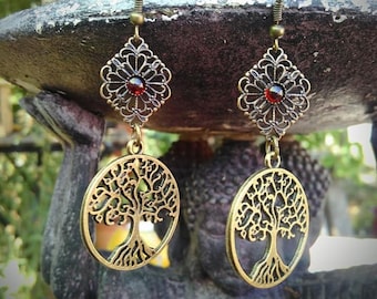 Boucles d'oreilles arbre de vie et grenat