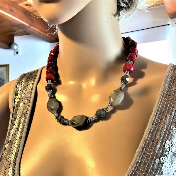 Corail rouge, agate, collier grosses perles bijoux femme 50cm
