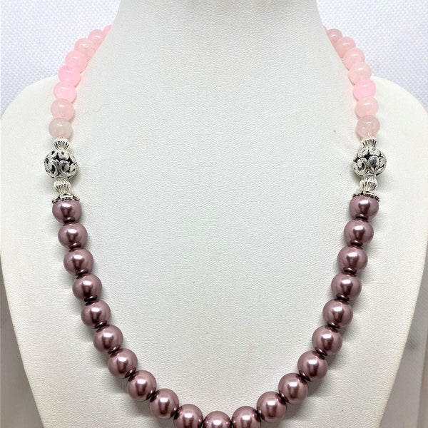 Quartz rose et perles nacrées collier 47 cm femme