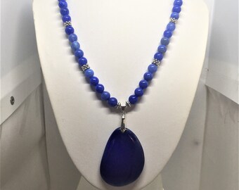 Agate bleue collier pendentif 45cm Perles de 8mm femme