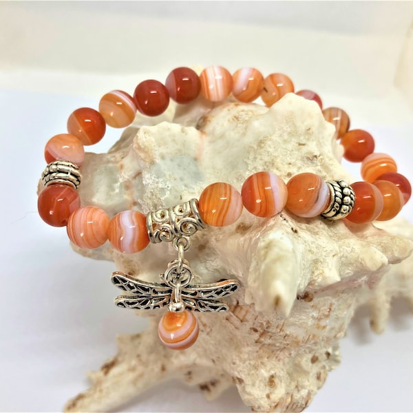 Agate bracelet tendance pierre véritable avec pendant libellule 16/19 cm sur élastique