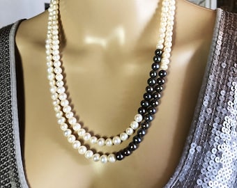 Perles de culture blanches et noires collier double rangs 57 cm femme