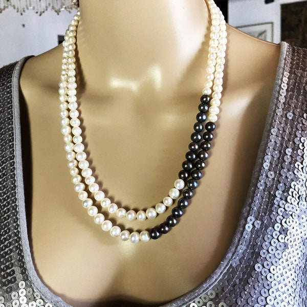 Perles de culture blanches et noires collier double rangs 57 cm femme