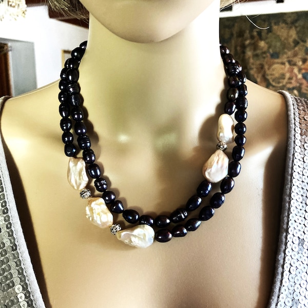 Perles de culture noires très beaux késhis rose superbe collier double rangs 52 cm femme